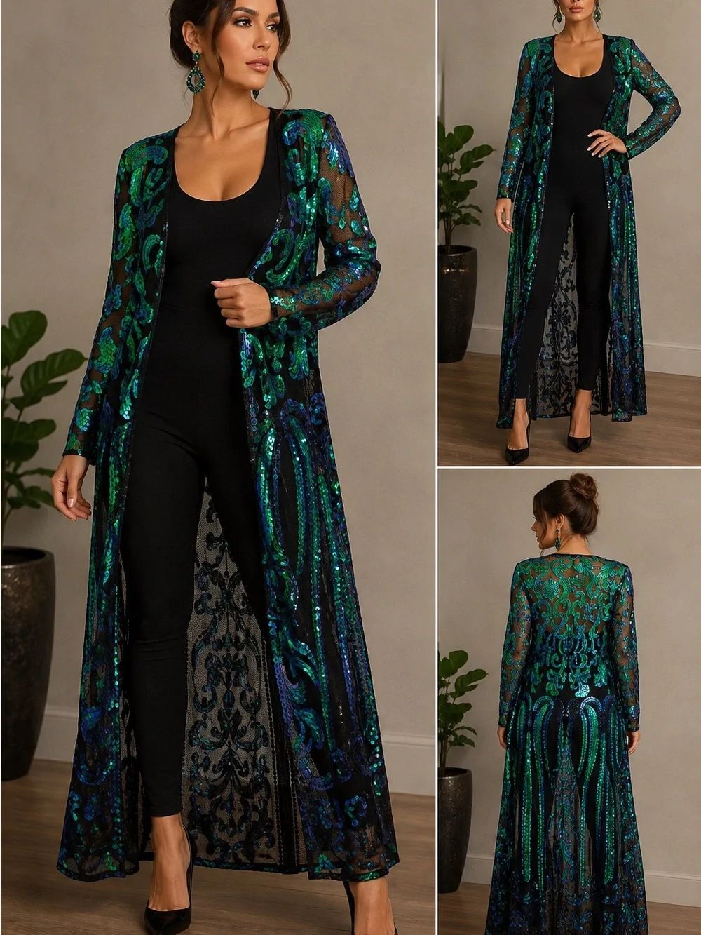 VUJAIDEAR 3XL Sequin Mesh Duster Long Cardigan Teal Blue Green Formal Glam